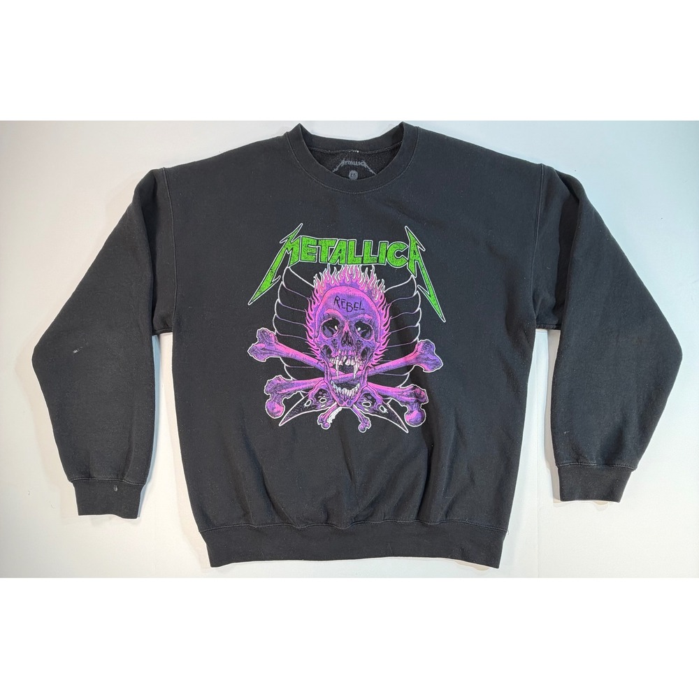 Metallica Rebel Skull Graphic Sweatshirt Black Neon Green‎ Purple Crewneck LG